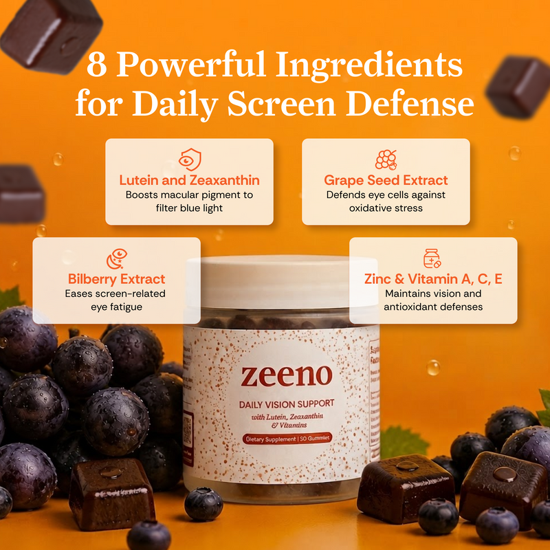 A bottle of zeeno Daily Vision Support dietary supplement centered on a bright orange background with text highlighting eight powerful ingredients for daily screen defense. The bottle is white with a gold label and surrounded by berries and dark red gummy pieces.