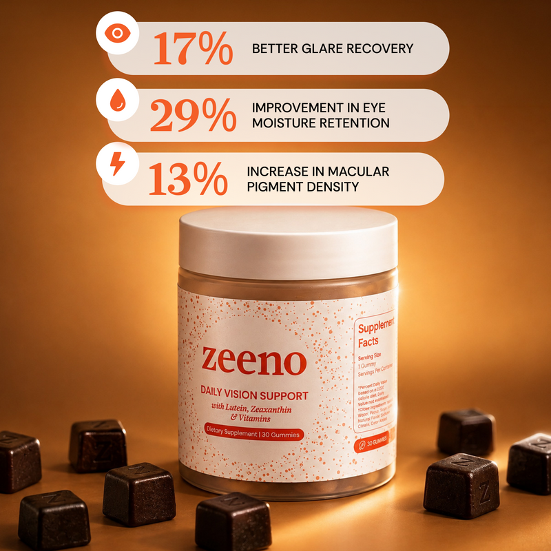 A jar of zeeno Daily Vision Support supplement centered on a warm orange gradient background, surrounded by dark red supplement gummies. Three white callout bubbles above show claimed benefits: 17% better glare recovery, 29% improvement in eye moisture retention, and 13% increase in macular pigment density.