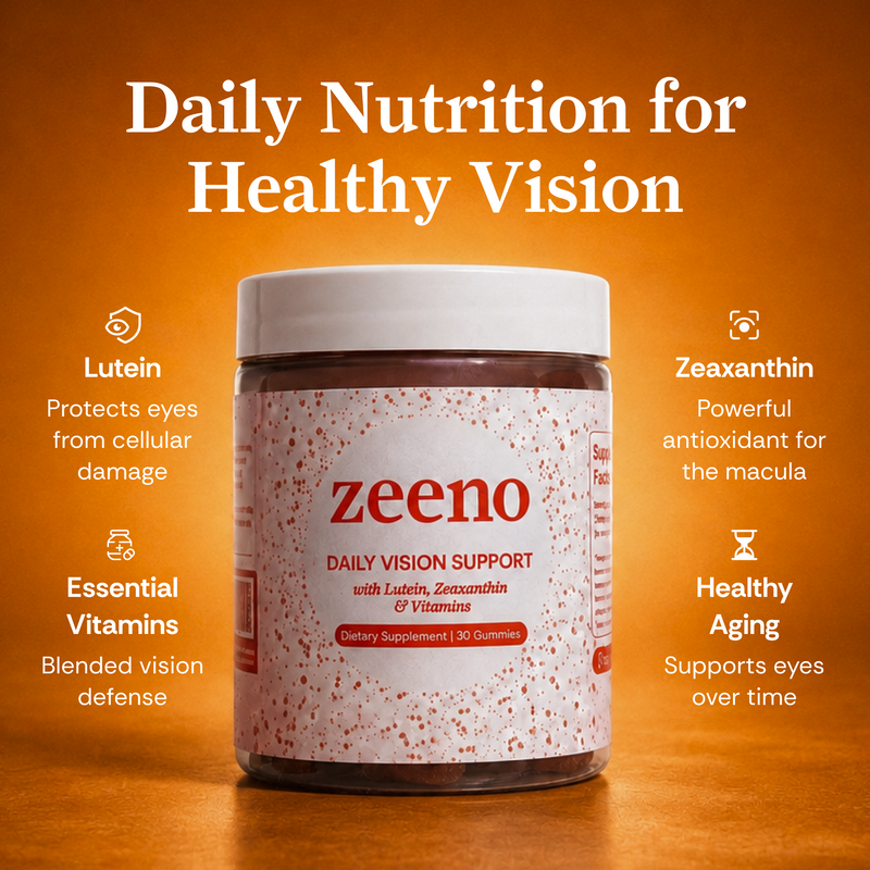A jar of Zeeno Daily Vision Support dietary supplement centered on an orange gradient background with marketing text (highlighting antioxidant support for macula, protection of eyes from cellular damage, and healthy aging), and callout icons for lutein, zeaxanthin, essential vitamins, and healthy aging.